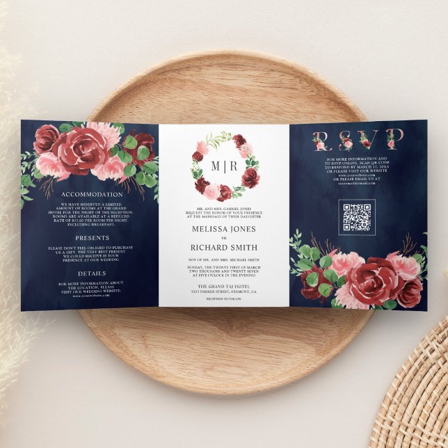 Invitation Trois Volets Mariage Code QR Floral Bourgogne Rose Foncé (Créateur téléchargé)