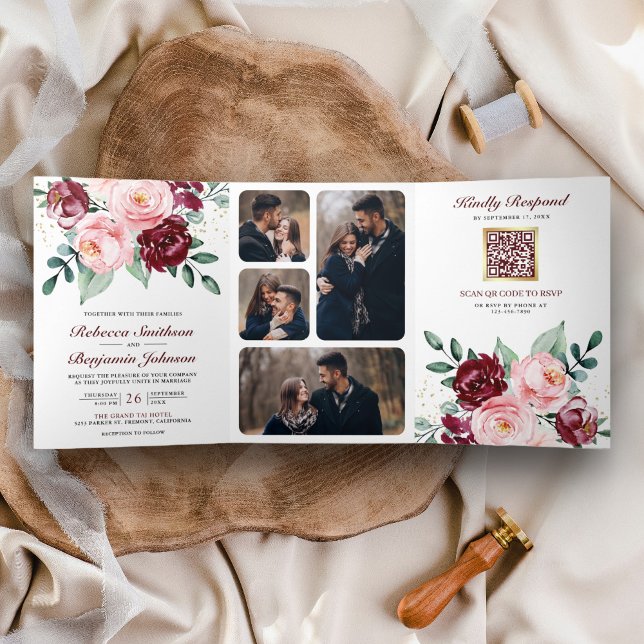 Invitation Trois Volets Mariage Code QR Floral Burgundy Rose Pâle Rustique (Créateur téléchargé)