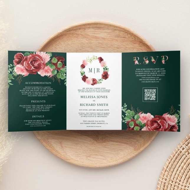 Invitation Trois Volets Mariage Code QR Floral Émeraude Vert Bourgogne Ros (Créateur téléchargé)