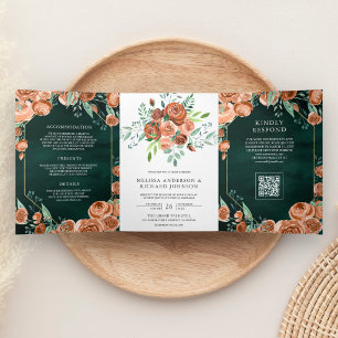 Invitation Trois Volets Mariage Code QR Floral Émeraude Vert Orange Brûlé
