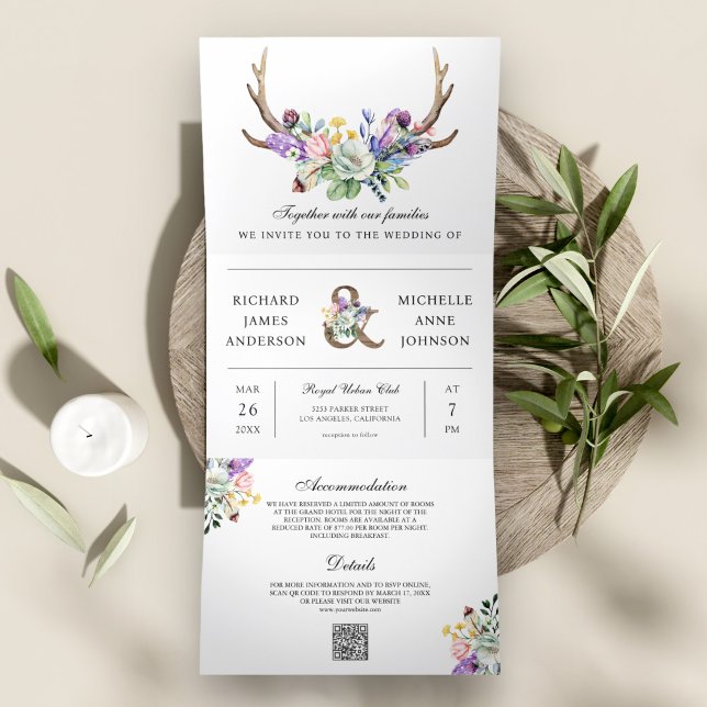 Invitation Trois Volets Mariage Code QR Floral Fleur de Boho Cerf (Créateur téléchargé)