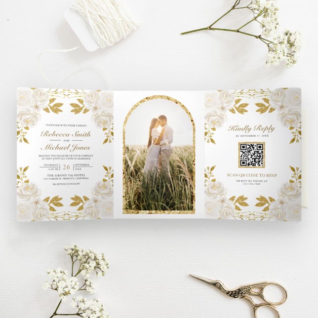 Invitation Trois Volets Mariage Code QR Floral Ivoire Rustique Paillettes  (Créateur téléchargé)