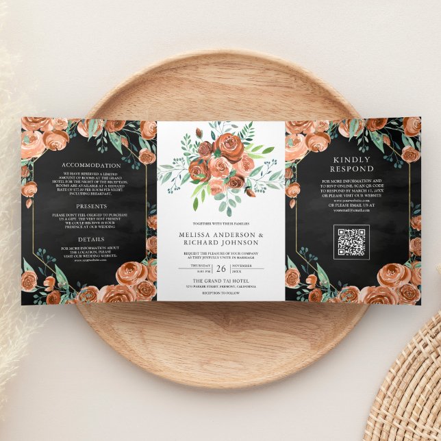 Invitation Trois Volets Mariage Code QR Floral Orange Brûlé Noir (Créateur téléchargé)