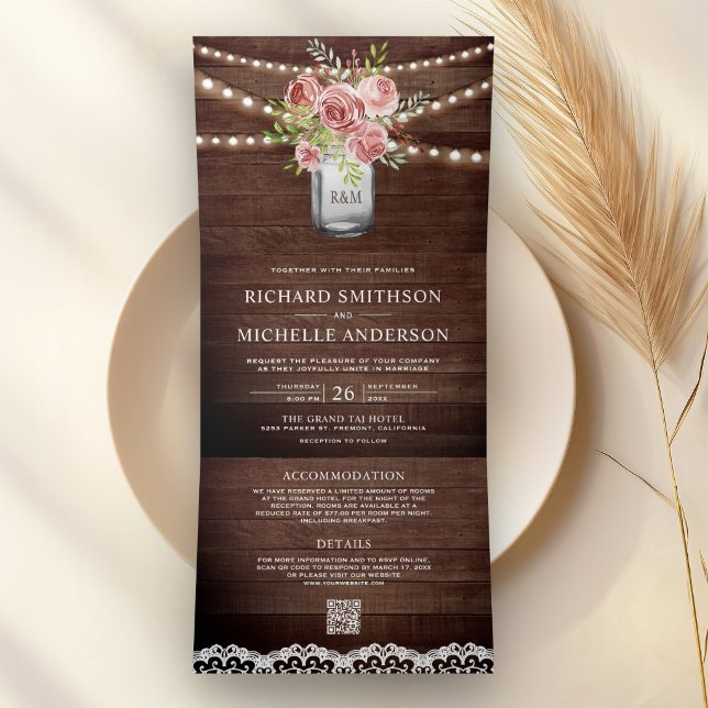 Invitation Trois Volets Mariage Code QR Floral Rose Cannelle Pot Mason (Créateur téléchargé)