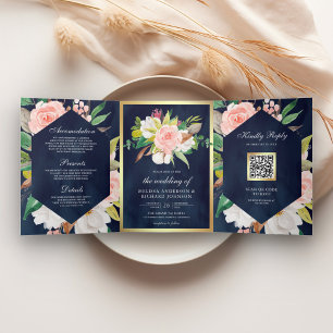 Invitation Trois Volets Mariage Code QR Floral Rose Pâle Bleu Marine Or