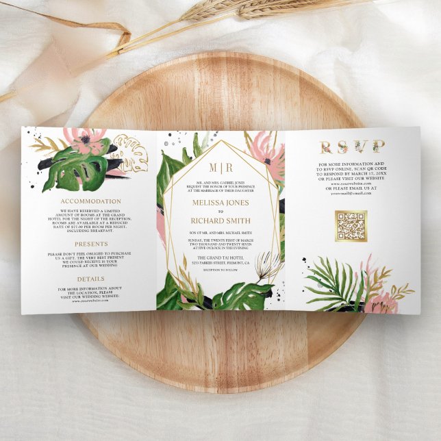 Invitation Trois Volets Mariage Code QR Floral Rose Tropical Or (Créateur téléchargé)