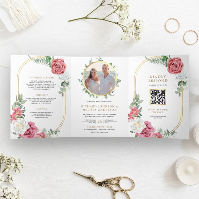 Invitation Trois Volets Mariage Code QR Floral Roses Fines Bohème Rustique (Créateur téléchargé)
