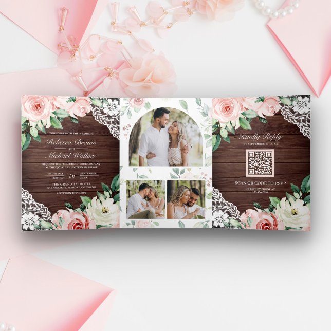 Invitation Trois Volets Mariage Code QR Floral Ruban Bois de Grange Rustiq (Créateur téléchargé)