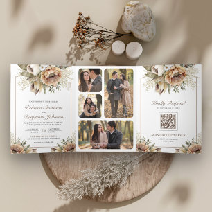 Invitation Trois Volets Mariage Code QR Floral Taupe Terreux Bohème Neutre
