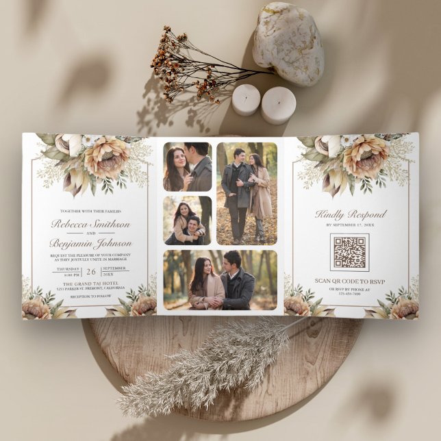 Invitation Trois Volets Mariage Code QR Floral Taupe Terreux Bohème Neutre (Créateur téléchargé)