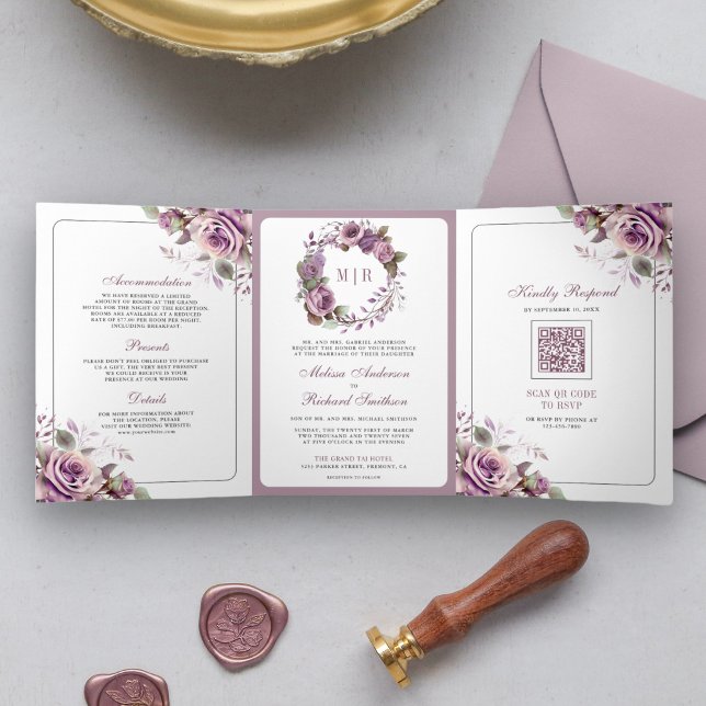 Invitation Trois Volets Mariage Code QR Floral Violet Poussiéreux Rustique (Créateur téléchargé)