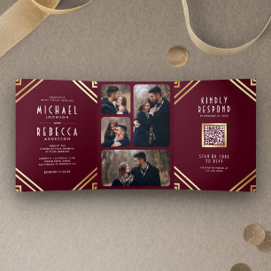 Invitation Trois Volets Mariage Code QR Géométrique Art Déco Bourgogne Or