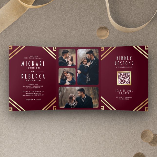Invitation Trois Volets Mariage Code QR Géométrique Art Déco Bourgogne Or (Créateur téléchargé)
