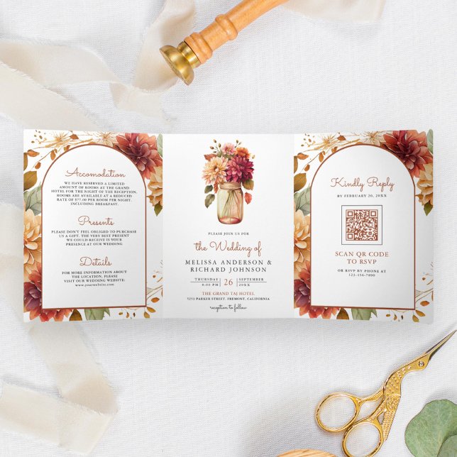 Invitation Trois Volets Mariage Code QR Jar Mason Floral Dahlia d'Automne (Créateur téléchargé)