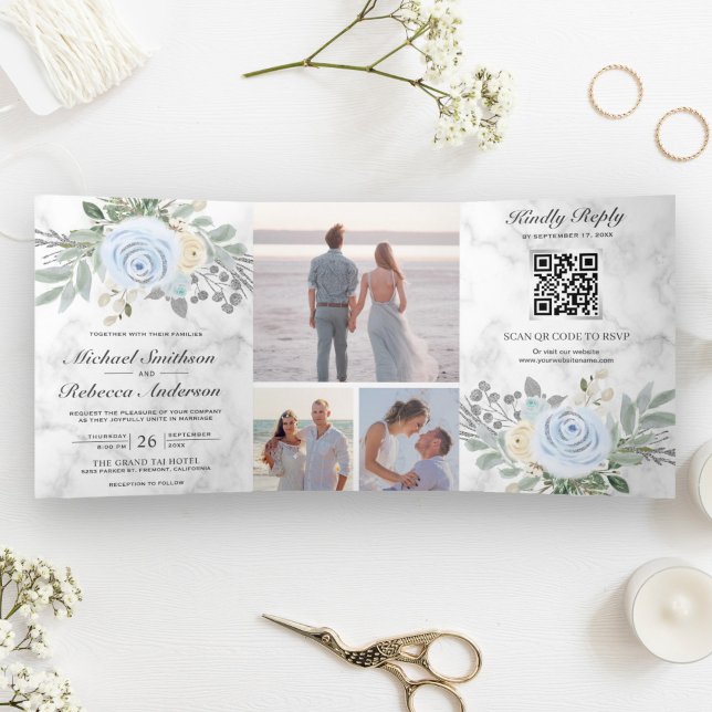 Invitation Trois Volets Mariage Code QR Marbre Blanc Floral Bleu Poussiére (Créateur téléchargé)
