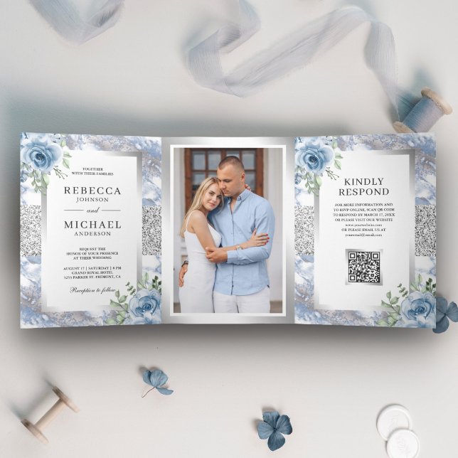 Invitation Trois Volets Mariage Code QR Marbre Floral Bleu Poussière d'Arg (Créateur téléchargé)