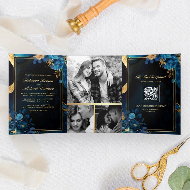 Invitation Trois Volets Mariage Code QR Marbre Floral Bleu Royal Or (Créateur téléchargé)