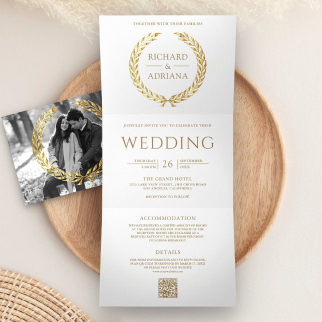 Invitation Trois Volets Mariage Code QR Minimal Laurier Or Blanc (Créateur téléchargé)