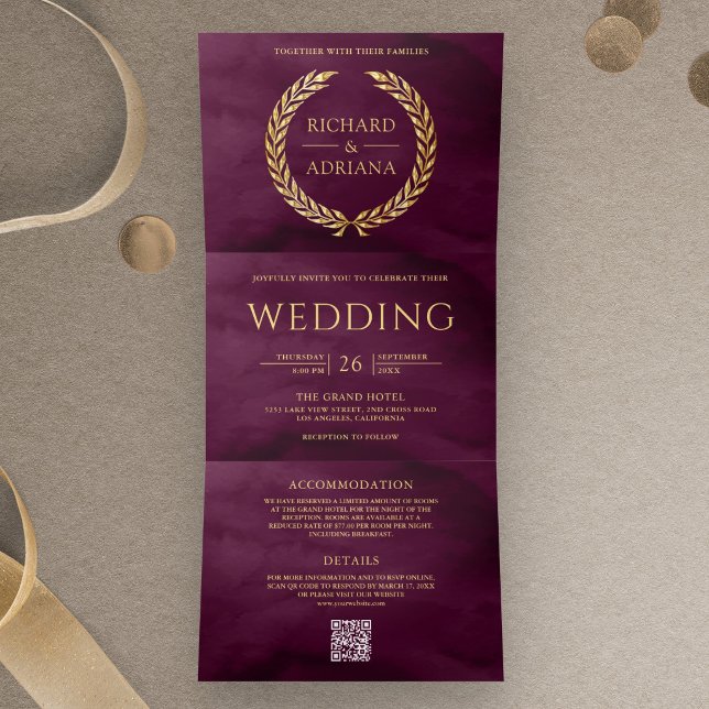 Invitation Trois Volets Mariage Code QR Minimal Laurier Or Plum (Créateur téléchargé)