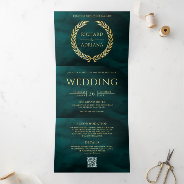 Invitation Trois Volets Mariage Code QR Minimal Laurier Or Sarcelle Foncé (Intérieur)