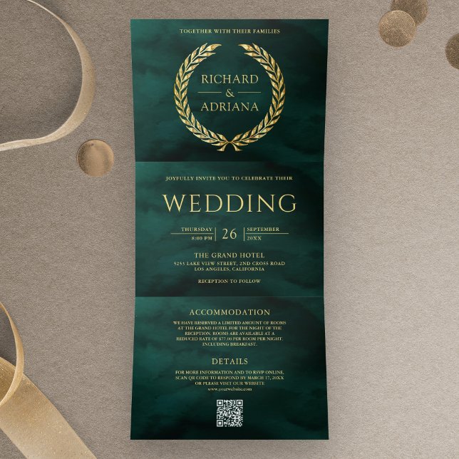 Invitation Trois Volets Mariage Code QR Minimal Laurier Or Vert Émeraude (Créateur téléchargé)
