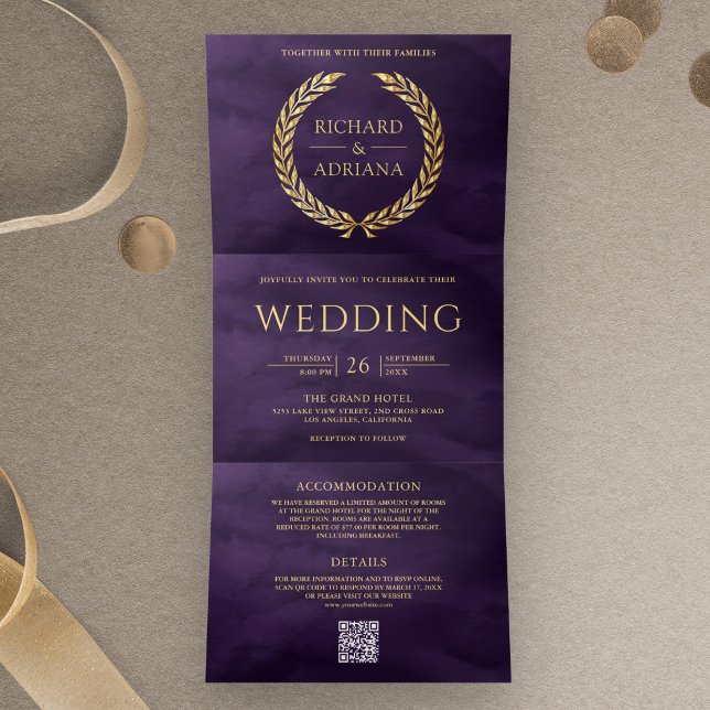 Invitation Trois Volets Mariage Code QR Minimal Laurier Or Violet Foncé (Créateur téléchargé)