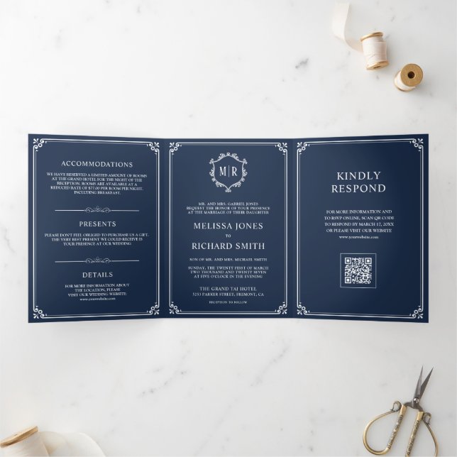 Invitation Trois Volets Mariage Code QR Monogramme Bleu Marine et Blanc (Intérieur)
