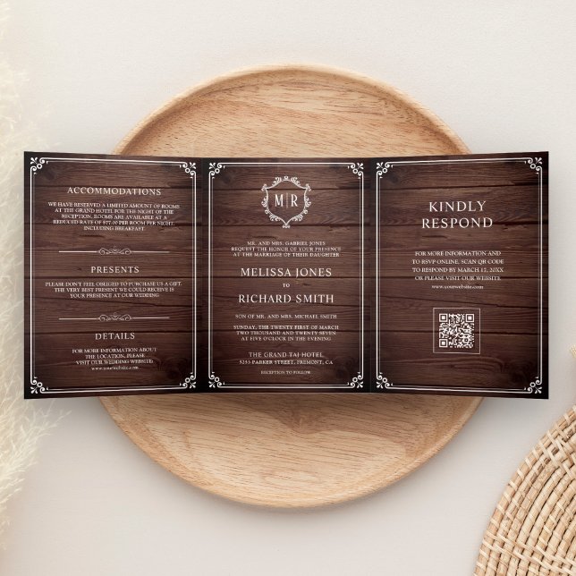 Invitation Trois Volets Mariage Code QR Monogramme Bois de Grange et Blanc (Créateur téléchargé)
