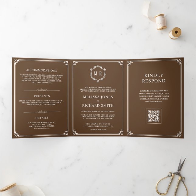Invitation Trois Volets Mariage code QR monogramme marron et blanc (Intérieur)