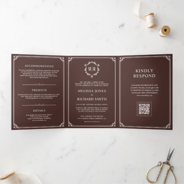 Invitation Trois Volets Mariage code QR monogramme marron et blanc Espress (Intérieur)