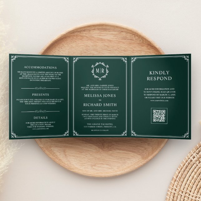 Invitation Trois Volets Mariage Code QR Monogramme Vert Émeraude et Blanc (Créateur téléchargé)