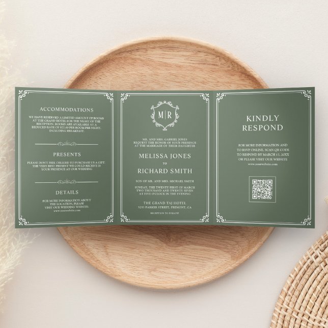Invitation Trois Volets Mariage Code QR Monogramme Vert Sauge et Blanc (Créateur téléchargé)