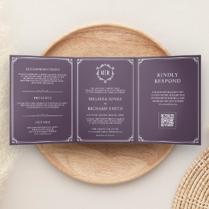 Invitation Trois Volets Mariage Code QR Monogramme Violet Poussiéreux et B