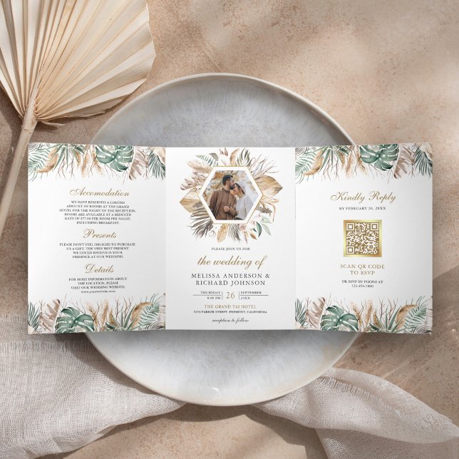 Invitation Trois Volets Mariage code QR Monstera Boho Pampas Tout en Un (Créateur téléchargé)