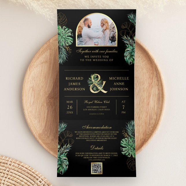Invitation Trois Volets Mariage Code QR Monstera Palm Or Tropical (Créateur téléchargé)