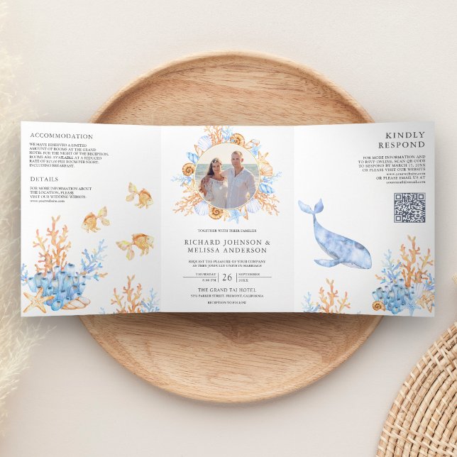 Invitation Trois Volets Mariage Code QR Naissance sous l'eau à l'aquarelle (Créateur téléchargé)