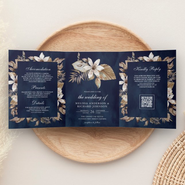 Invitation Trois Volets Mariage Code QR Navy Feuilles de Palmier Séchées T (Créateur téléchargé)