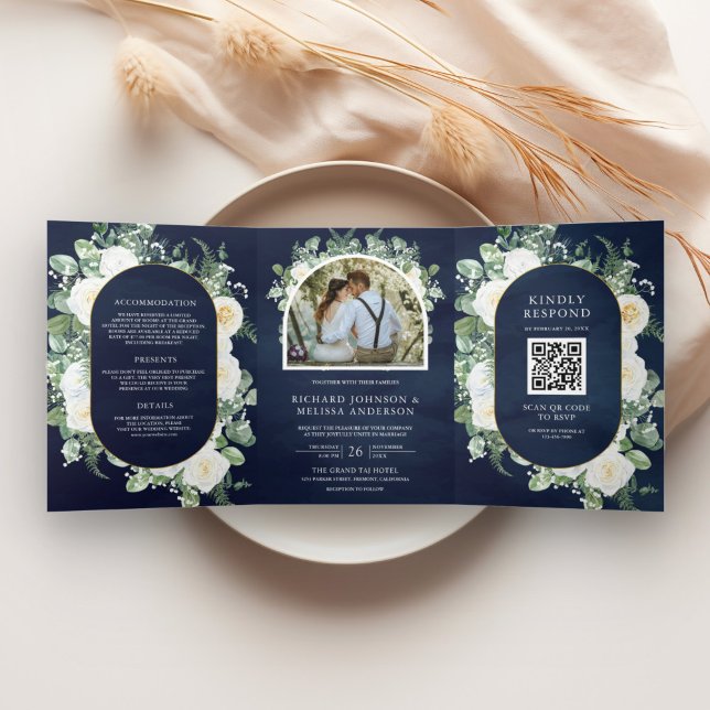 Invitation Trois Volets Mariage Code QR Navy Floral Ivoire Végétal Rustiqu (Créateur téléchargé)