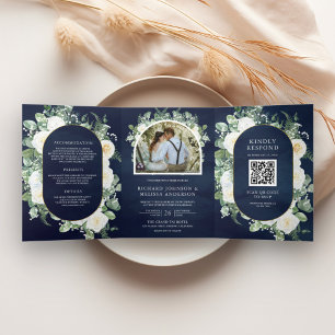 Invitation Trois Volets Mariage Code QR Navy Floral Ivoire Végétal Rustiqu