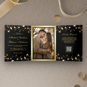 Invitation Trois Volets Mariage Code QR Noir Confettis Étoiles Dorées