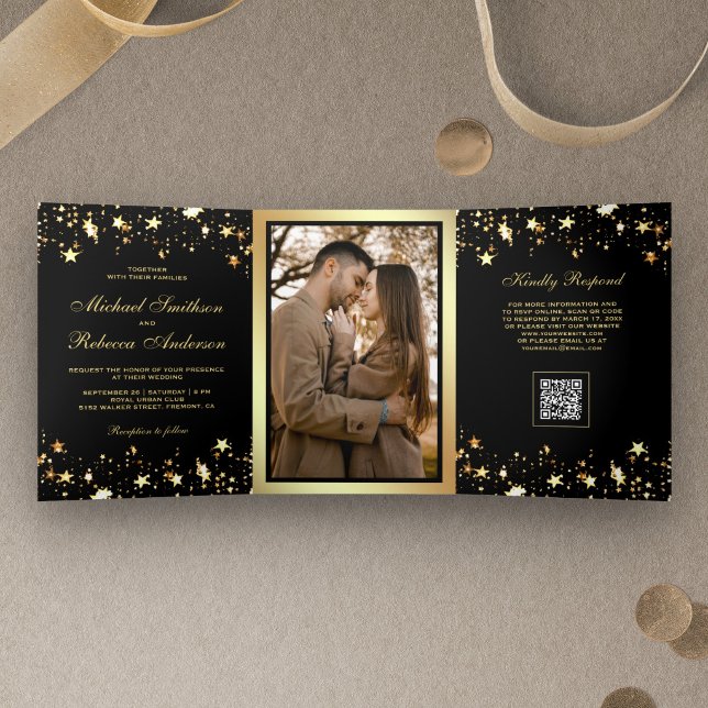 Invitation Trois Volets Mariage Code QR Noir Confettis Étoiles Dorées (Créateur téléchargé)