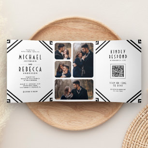 Invitation Trois Volets Mariage code QR noir et blanc Art déco géométrique