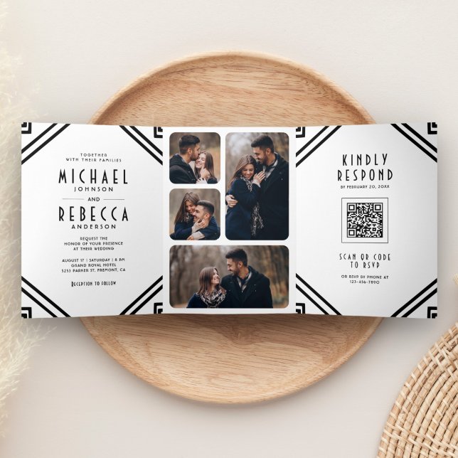 Invitation Trois Volets Mariage code QR noir et blanc Art déco géométrique (Créateur téléchargé)