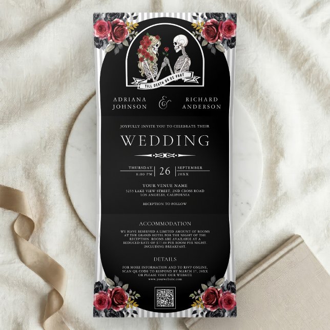 Invitation Trois Volets Mariage Code QR Noir Roses Couple de Squelettes Go (Créateur téléchargé)