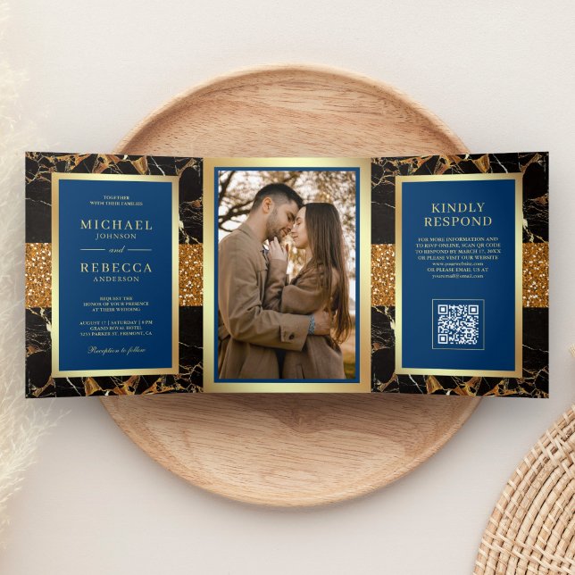 Invitation Trois Volets Mariage Code QR Or Marbre Noir Bleu Royal (Créateur téléchargé)