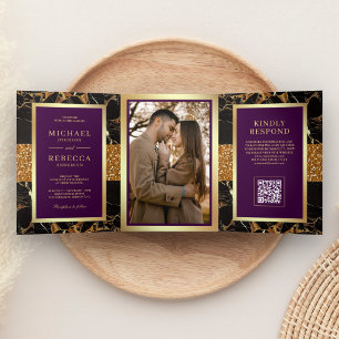 Invitation Trois Volets Mariage Code QR Or Marbre Noir Violet Royal