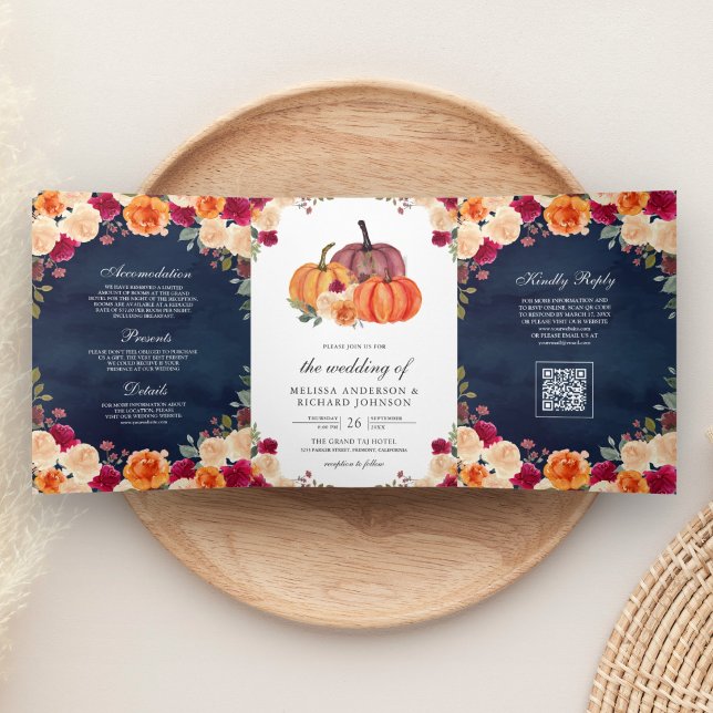 Invitation Trois Volets Mariage Code QR Orange Brûlé Citrouille Bleu Nuit (Créateur téléchargé)
