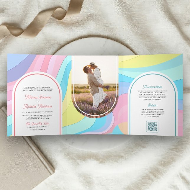 Invitation Trois Volets Mariage Code QR Photo Arc-en-ciel Rétro Pastel (Créateur téléchargé)