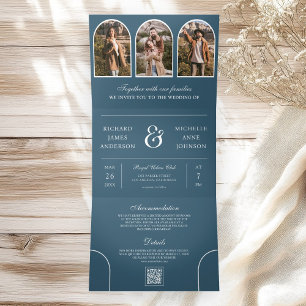 Invitation Trois Volets Mariage Code QR Photo Arche Minimaliste Bleu Pouss