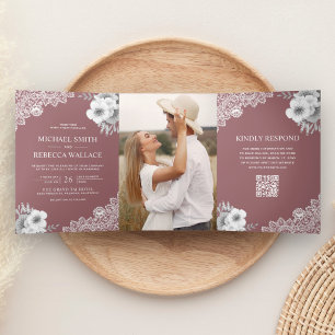 Invitation Trois Volets Mariage Code QR Photo Broderie Fleurie Rose Poussi
